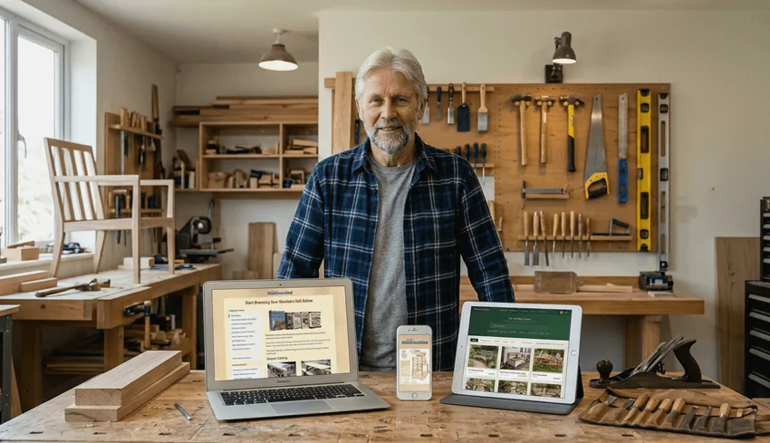 The seller's plan library open on a laptop, tablet and phone in a workshop